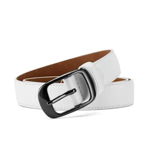 White leather belt with gunmetal oval buckle stylish casual accessory for women and men