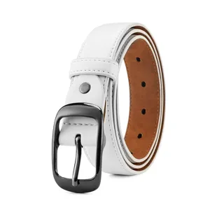 White leather belt with gunblack oval buckle casual trousers jeans belt daily wear stylish accessory