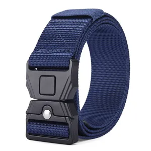 Detailed close-up view of the solid blue tactical nylon belt with durable quick release buckle.