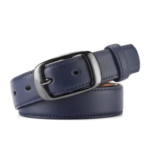 Dark blue leather belt detail featuring a sleek gunmetal oval buckle and fine stitching.