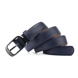 Detailed view of dark blue leather belt with gunmetal oval buckle, fine stitching.