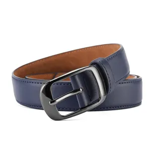 Blue leather belt with gunmetal oval pin buckle, stylish casual waist belt for daily jeans outfit.