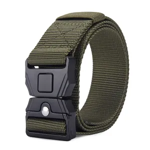 Outdoor tactical nylon belt detail shot, heavy-duty webbing with quick-release buckle for men.