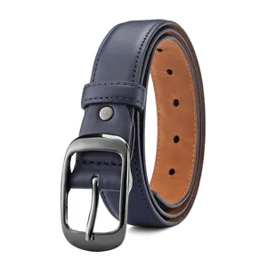 Close-up detail of the deep blue leather belt with a gunmetal oval buckle and brown lining.
