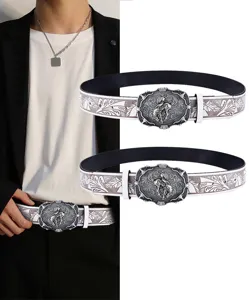 Detail view of men western cowboy PU leather belt with vintage metal eagle buckle.