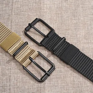 Close-up detail of durable nylon webbing belts with heavy-duty black metal buckles