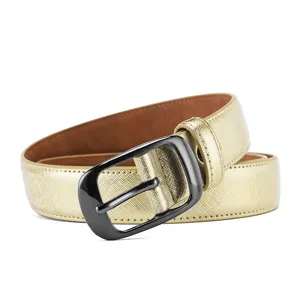 Gold textured leather belt with gunmetal pin buckle, versatile casual dress waist belt for daily wear.