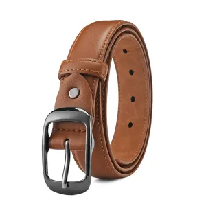 Brown leather belt with gunmetal oval buckle, classic design for jeans and casual wear.