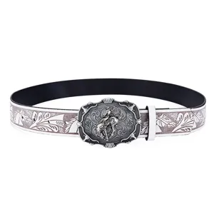 Detailed view of the vintage Western cowboy PU leather belt with silver carved buckle.