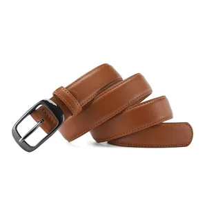 Brown leather belt detail, soft material with gunmetal pin buckle and neat stitching.