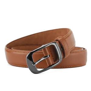 Close-up view of brown leather belt with gun black metal buckle and fine stitching details.