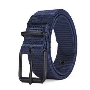 Durable navy blue nylon canvas belt with black metal pin buckle and adjustable eyelets.