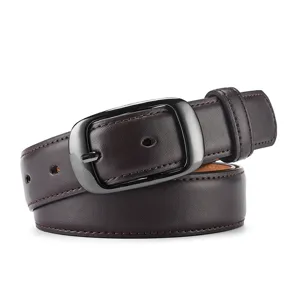 Classic dark brown leather belt with a sleek gunmetal oval pin buckle for versatile wear.