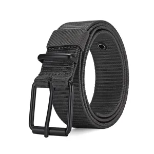 Detailed view of a dark grey canvas belt with a matte black pin buckle and metal eyelet.