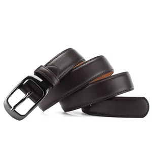 Dark brown leather belt detail, classic gunmetal oval buckle, premium textured material close up.
