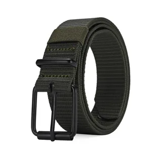 Army green tactical nylon webbing belt with matte black pin buckle for outdoor use