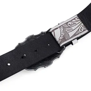 Detailed view of men vintage western cowboy PU leather belt with ornate metal buckle design.