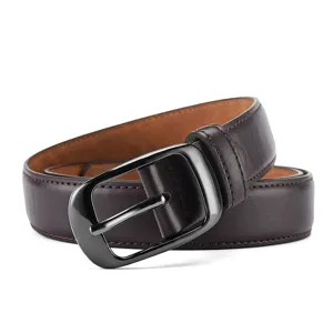 Close-up detail of dark brown leather belt featuring gun black metal oval pin buckle.