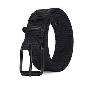 Close-up detail of a durable black nylon canvas belt with a matte black pin buckle and eyelets