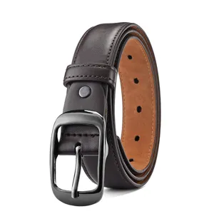 Dark brown leather belt detail shot showing the gunmetal oval buckle and clean stitching.