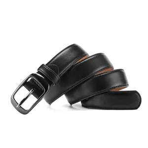 Classic black leather belt featuring a sleek gunmetal oval buckle, perfect for casual denims.