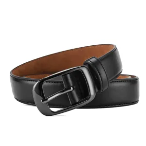 Classic black leather belt with gunmetal oval pin buckle, versatile casual jeans belt for adults.