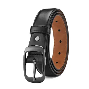 Classic black leather belt with gunmetal pin buckle, versatile accessory for casual jeans and pants.