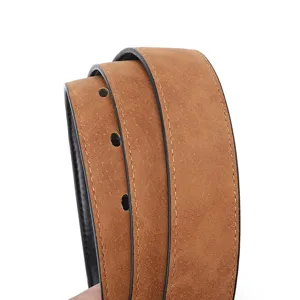 Brown suede leather belt detail view showcasing fine stitching and punched holes for everyday wear.