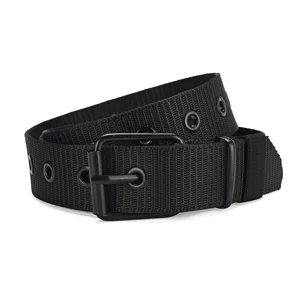 Durable black nylon-style canvas eyelet belt with a matte black metal pin buckle for casual wear