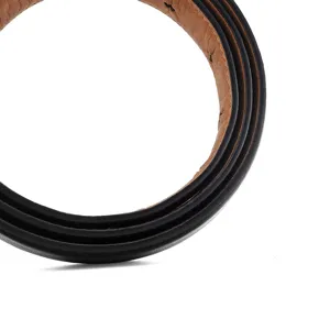Close-up detail shot of the rolled black leather belt showing premium texture and brown lining.