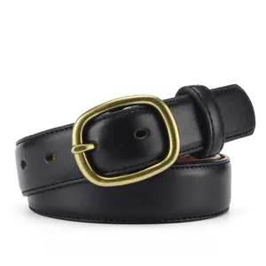 Women thin black leather belt with retro brass alloy pin buckle versatile minimalist jeans skirt