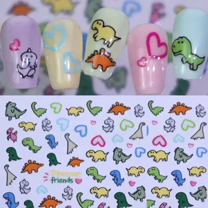 Autocollants à Ongles Auto-Adhésifs Dinosaure de Dessin Animé Motif Cœur Coloré Décalcomanies de Manucure DIY pour Enfants Femmes Décoration d'Ongles