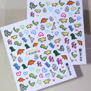 Autocollants à ongles autocollants mignons de dinosaure de bande dessinée et de cœur