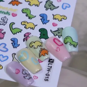 Autocollants à ongles autocollants dinosaure dessin animé avec motifs de cœur mignons