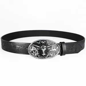 Vintage punk style men's leather belt with retro silver longhorn bull head buckle.