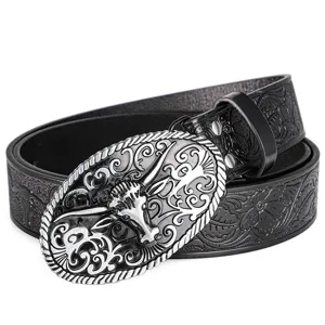 Mens Retro Punk Bull Skull Buckle PU Leather Belt Embossed Floral Pattern Casual Waist Strap Fashion Jeans Belt