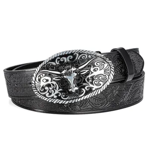 Vintage punk style men's leather belt featuring an intricate silver longhorn bull buckle.