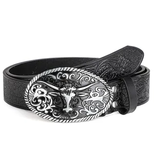 Detailed view of men's retro black leather belt with ornate silver bull head buckle.
