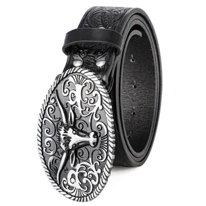 Vintage punk style bull head metal buckle embossed black leather belt product detail shot.