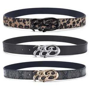 American Vintage Reversible PU Leather Belt For Women Men Leopard Snake Print Waist Belt Abstract Metal Buckle Streetwear Fashion Accessory