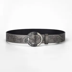 Vintage gray wide belt for women with elegant engraved floral pattern and oval buckle