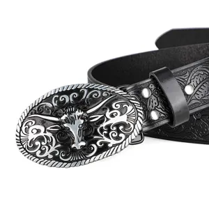 Men's retro punk leather belt detail showcasing the intricate silver bull head buckle.