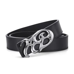 Close-up of stylish silver metal buckle on a black reversible leather belt