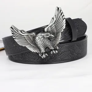 Cintura in Pelle Western Vintage da Uomo Fibbia in Metallo con Testa d'Aquila Cintura Cowboy Artigianale Moda Casual