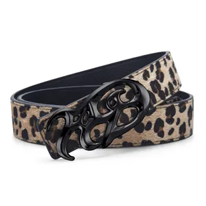 Close-up of a reversible leopard print belt featuring a stylish black hollow metal buckle