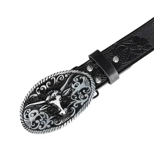 Men vintage retro bull head buckle black leather belt detailed close-up shot fashion accessory.