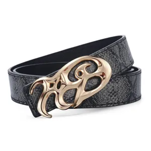 Macro view of vintage snake skin pattern belt with stylized golden metal buckle detail