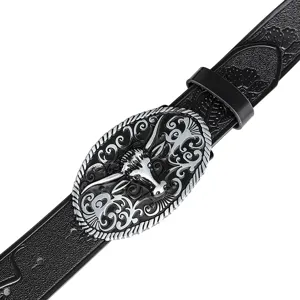 Retro vintage style men's belt with detailed bull head metal buckle and embossed strap.