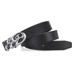 Detailed view of a black leather belt with a large stylized silver metal buckle.