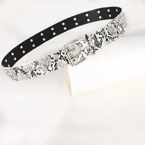 Black and white snakeskin pattern women belt with double grommets and metal pin buckle.